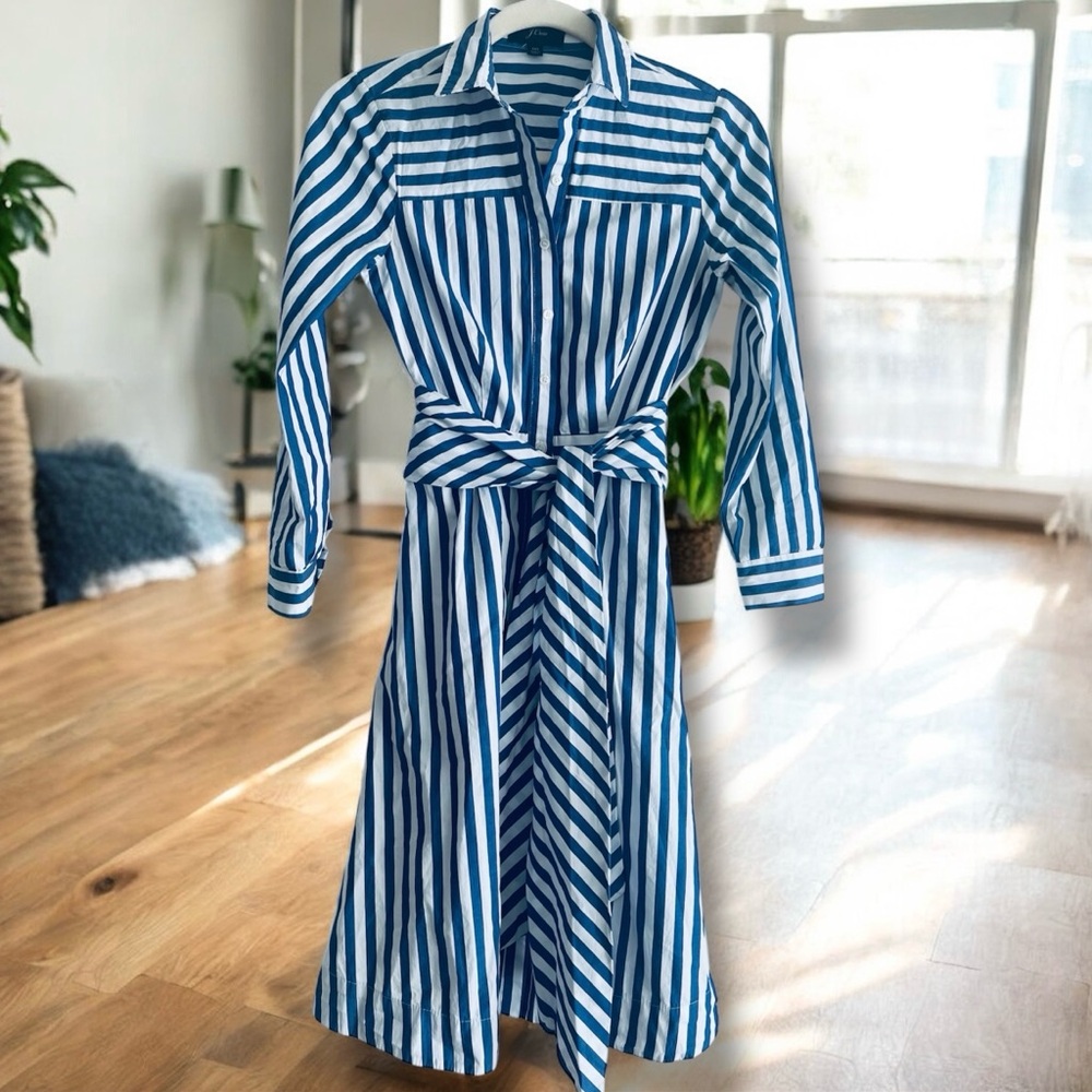 JCrew Henley Blue and White Stripe Belted Dress Size 00